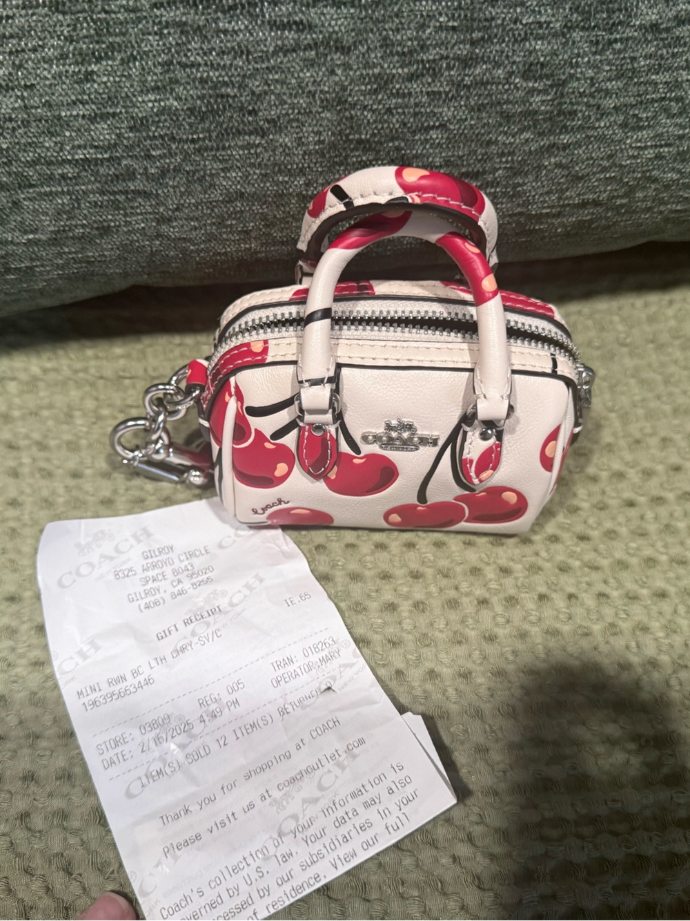 Coach Cream Mini Rowan Satchel with Red Cherry Print and Silver Hardware